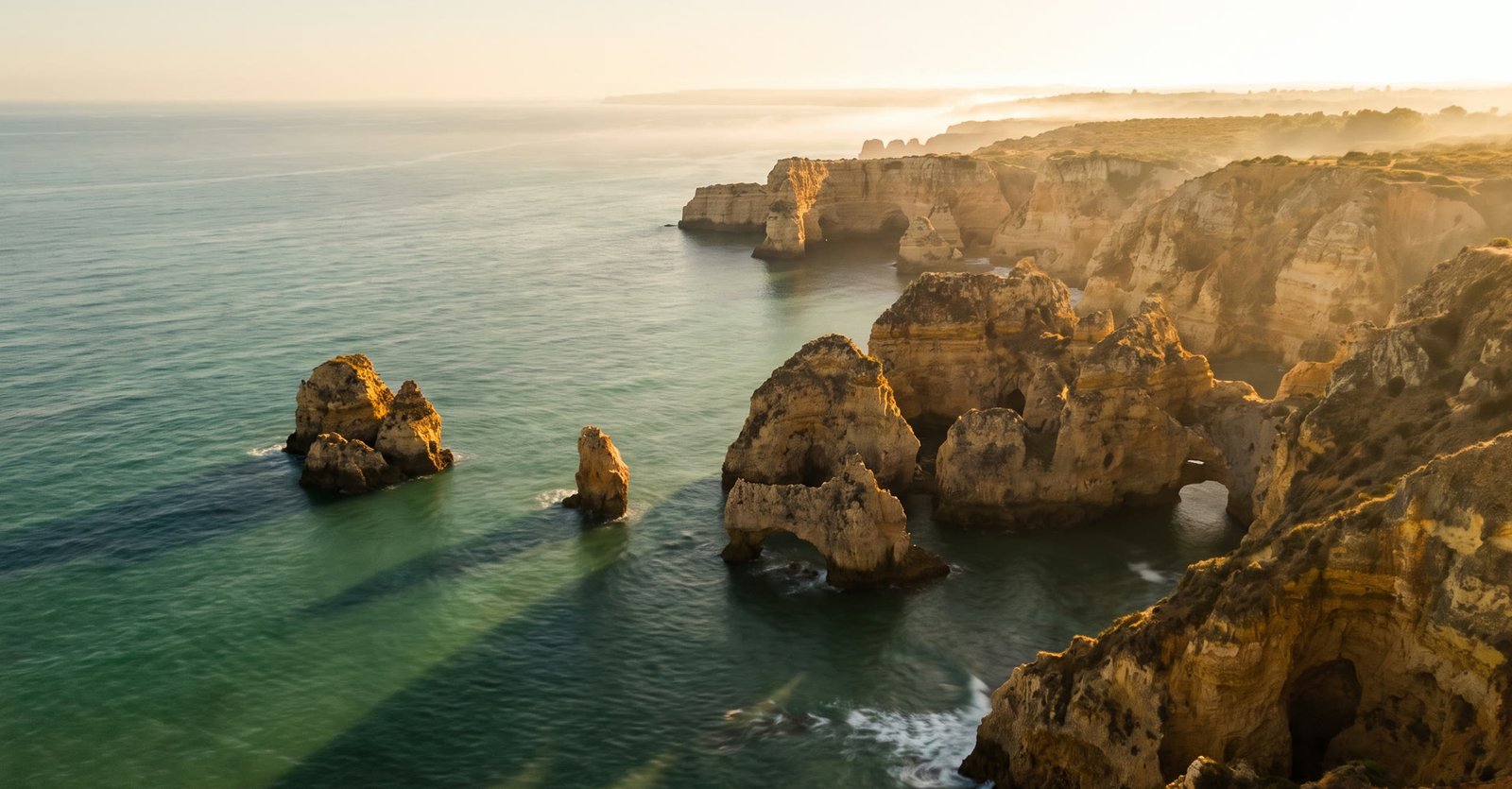 Dawn over the Algarve coastline, golden light on limestone cliffs