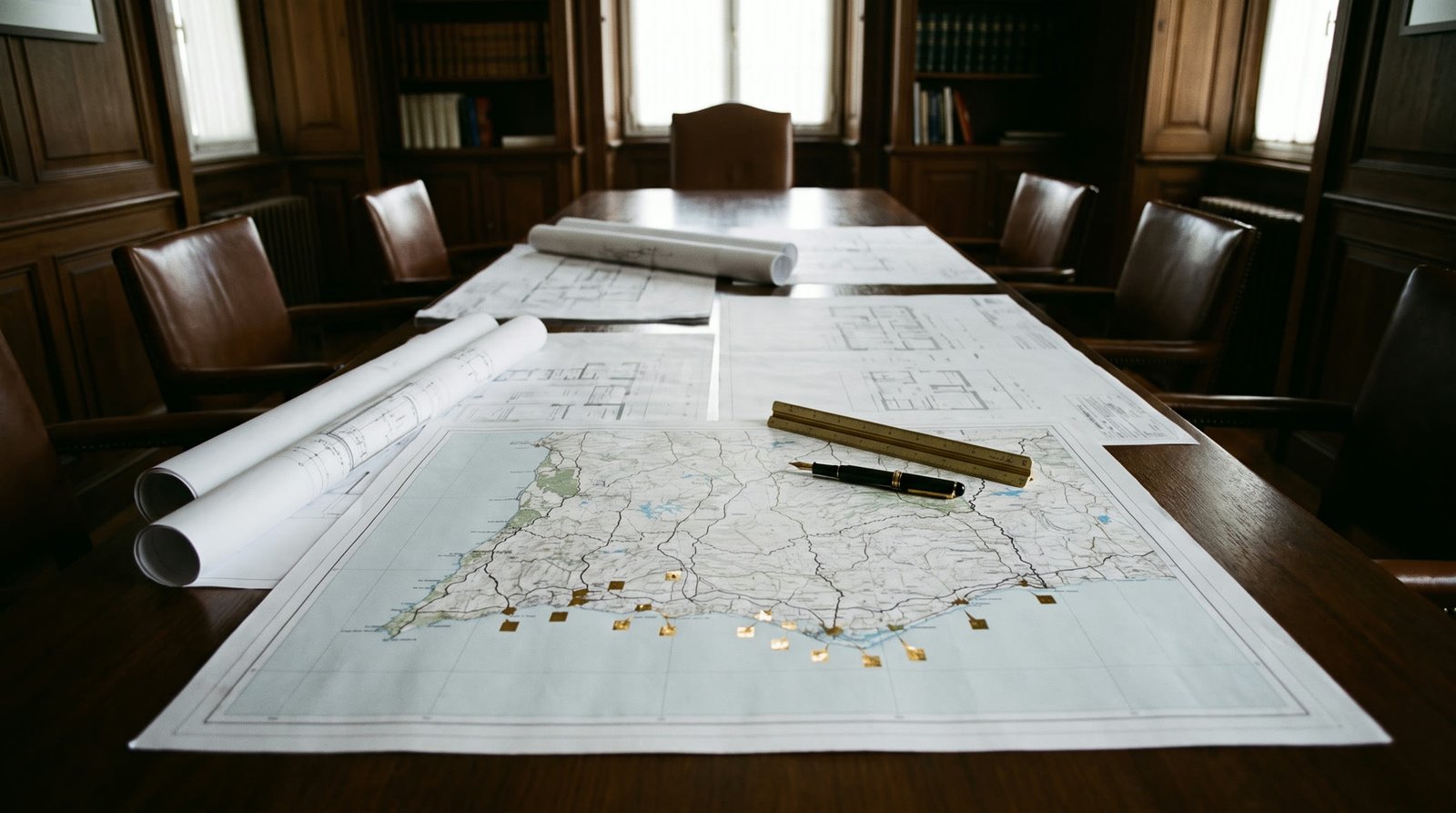 A dark advisory room with maps and architectural plans on a long table