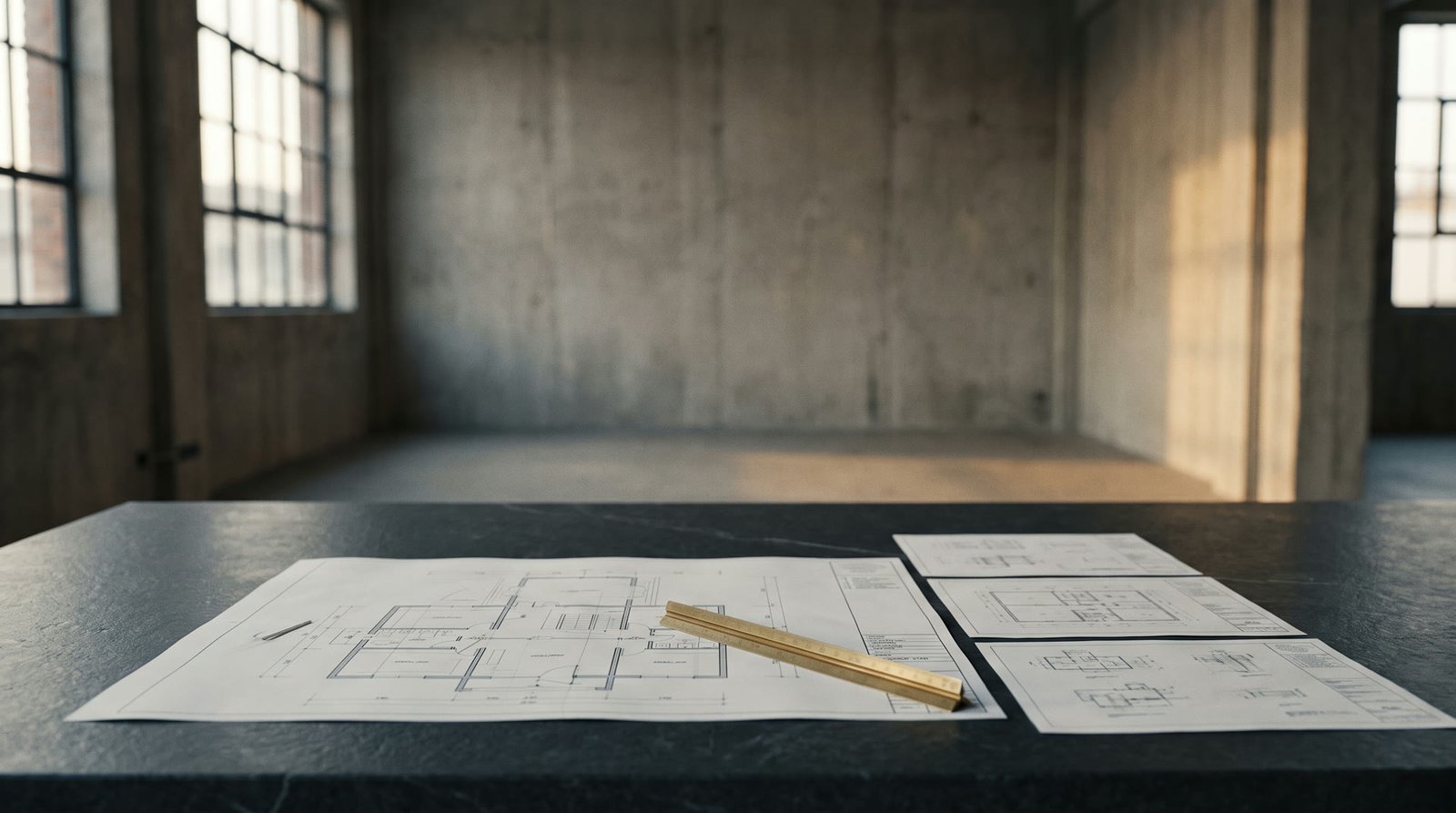 Warm light raking across a limestone wall and architectural plans
