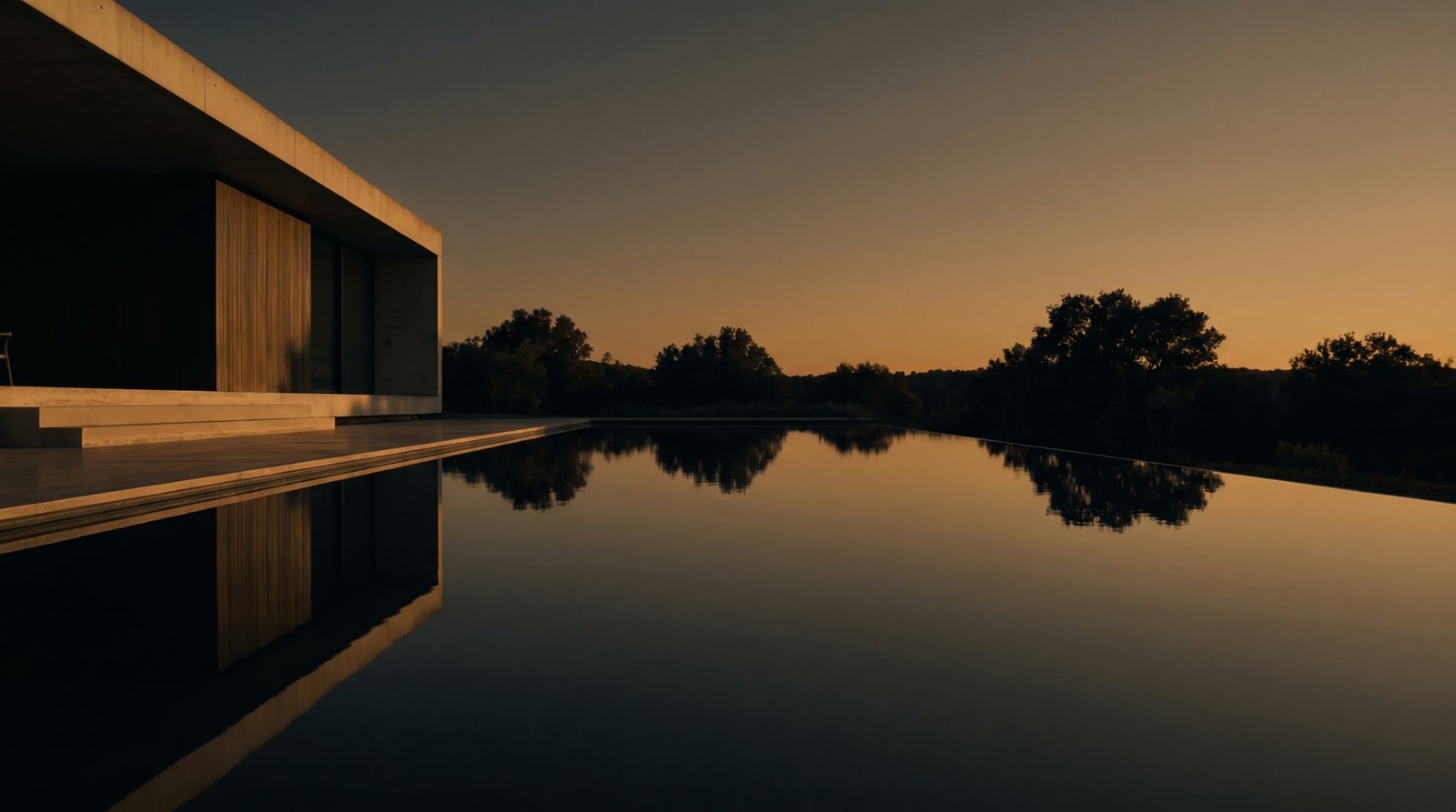 Golden hour over a minimalist Algarve villa with a still pool